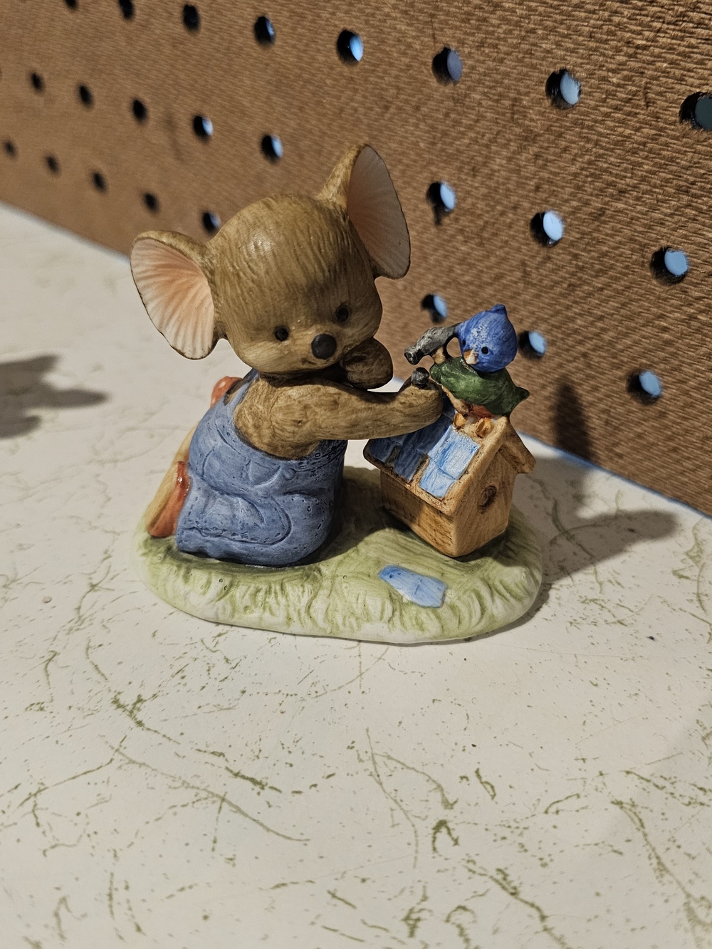Enesco Mouse Figurine in Blue Overalls with Birdhouse